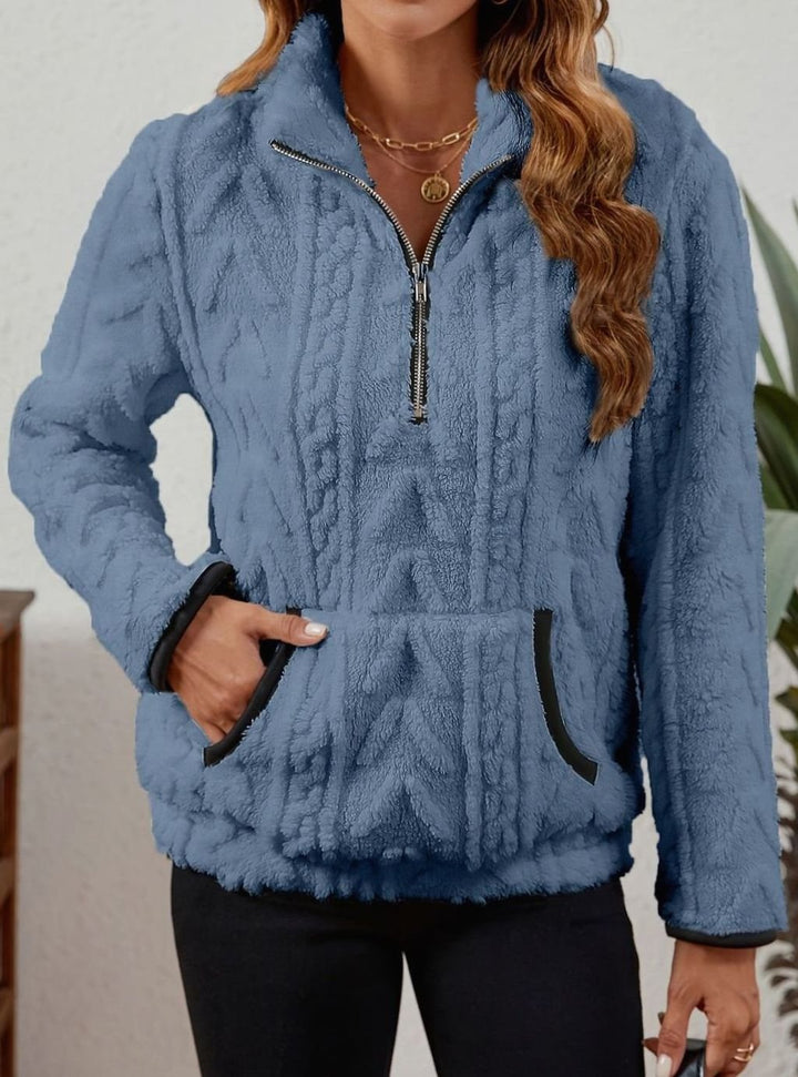 Women's Cozy Fleece Half-Zip Pullover Sweater Kangaroo Pocket