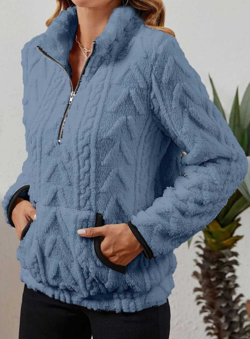 Women's Cozy Fleece Half-Zip Pullover Sweater Kangaroo Pocket