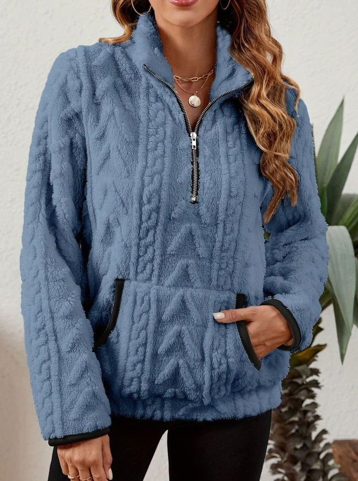 Women's Cozy Fleece Half-Zip Pullover Sweater Kangaroo Pocket
