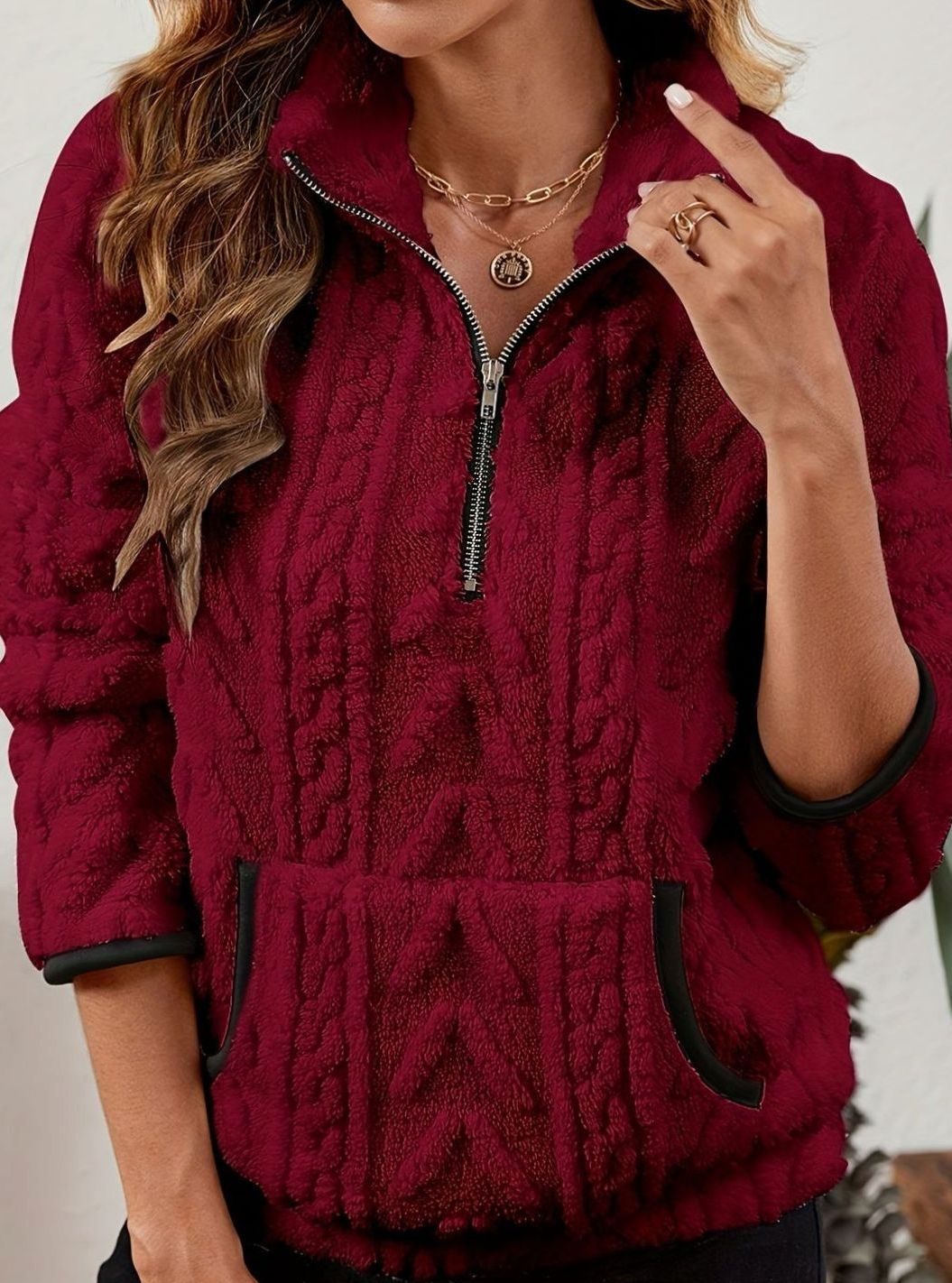 Women's Cozy Fleece Half-Zip Pullover Sweater Kangaroo Pocket