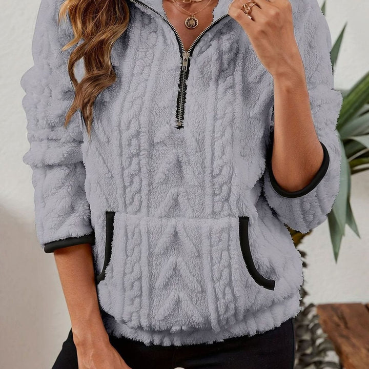 Women's Cozy Fleece Half-Zip Pullover Sweater Kangaroo Pocket - Grey
