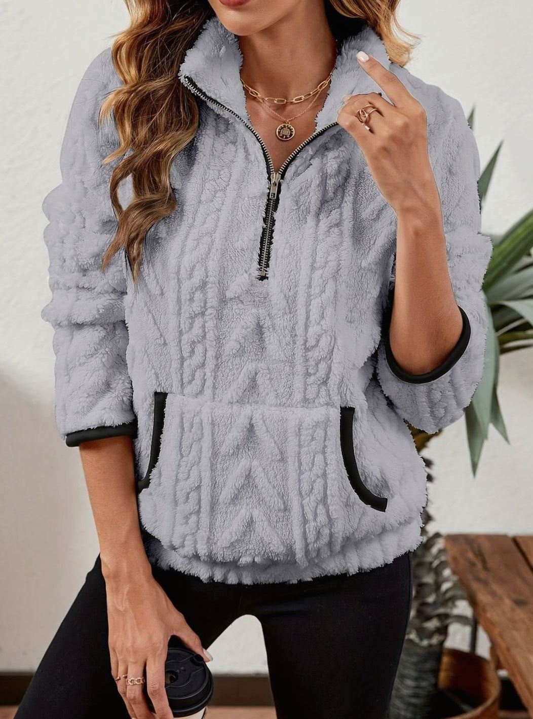 Women's Cozy Fleece Half-Zip Pullover Sweater Kangaroo Pocket