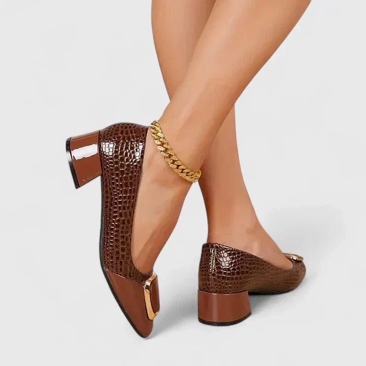 Women's Croc-Embossed Block Heel Loafer Pumps Gold Hardware - Brown
