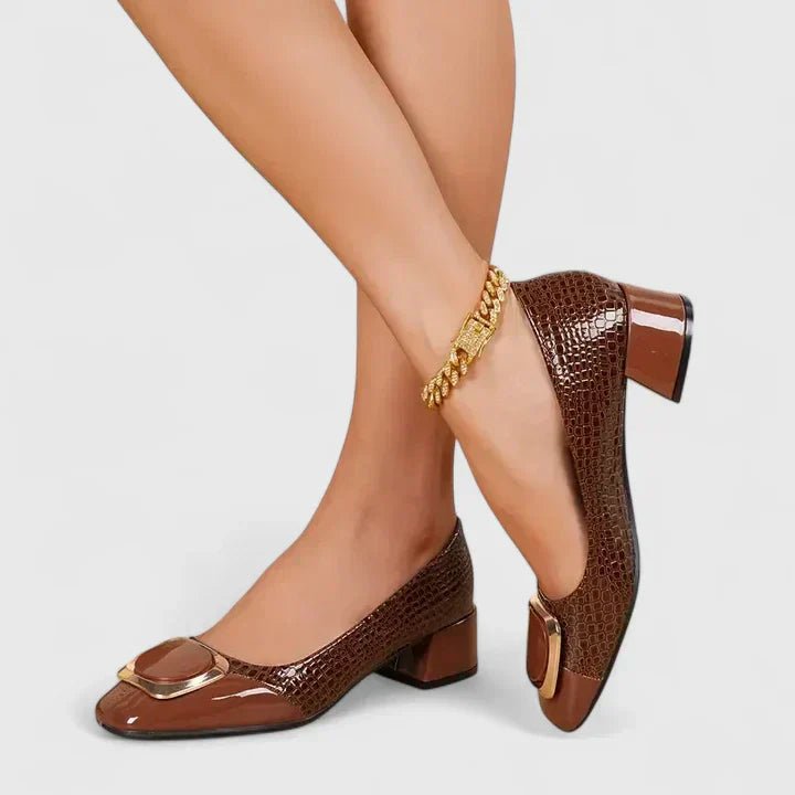 Women's Croc-Embossed Block Heel Loafer Pumps Gold Hardware