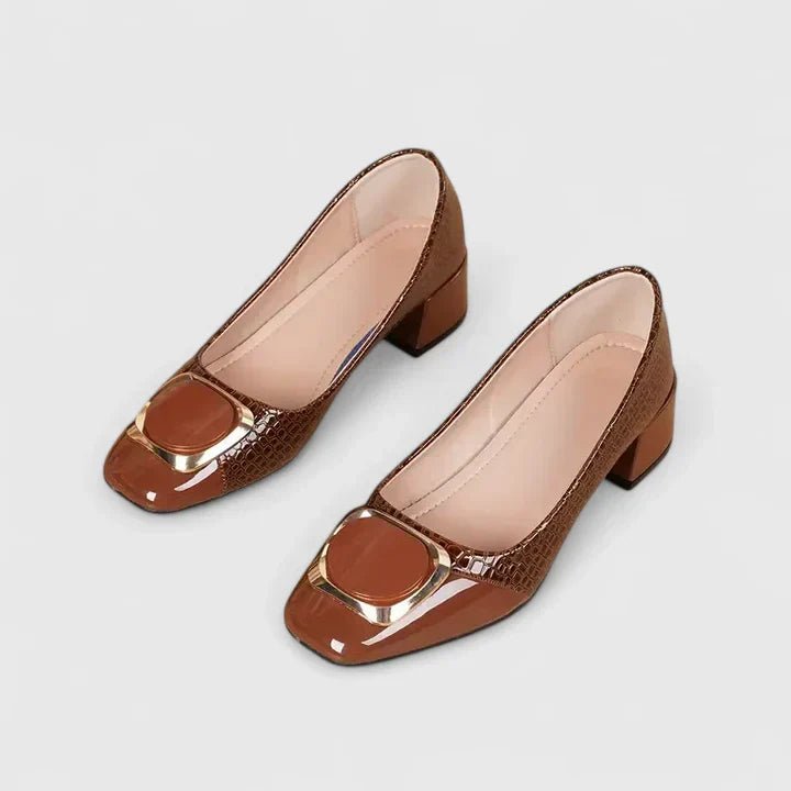 Women's Croc-Embossed Block Heel Loafer Pumps Gold Hardware