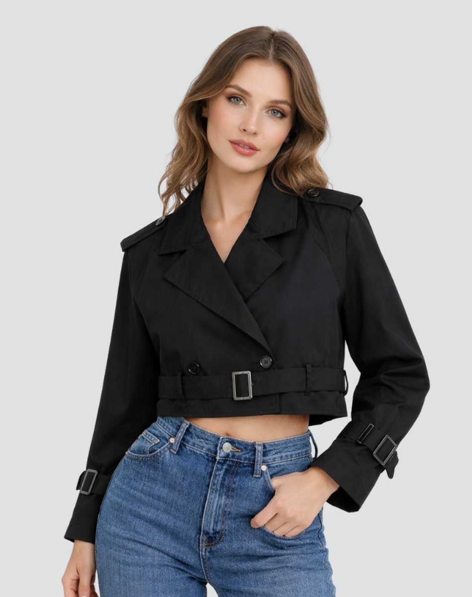 Women's Cropped Double-Breasted Belted Trench Coat Jacket