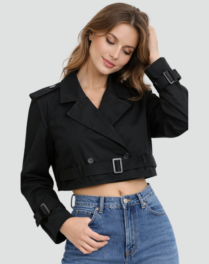 Women's Cropped Double-Breasted Belted Trench Coat Jacket - Black