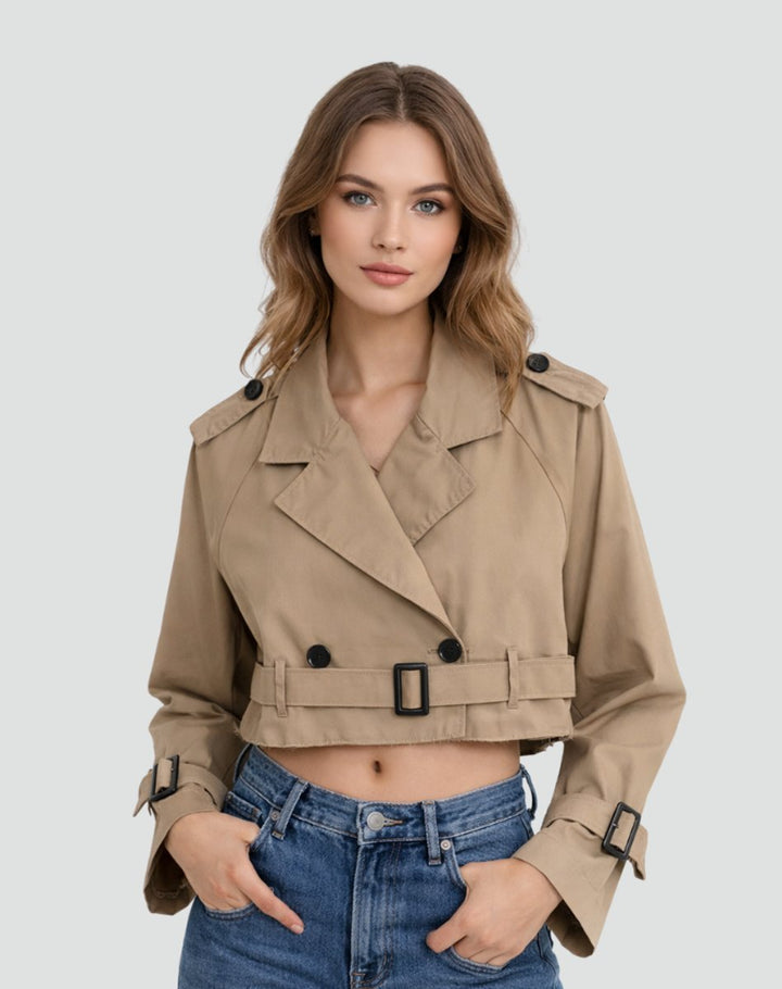 Women's Cropped Double-Breasted Belted Trench Coat Jacket - Brown