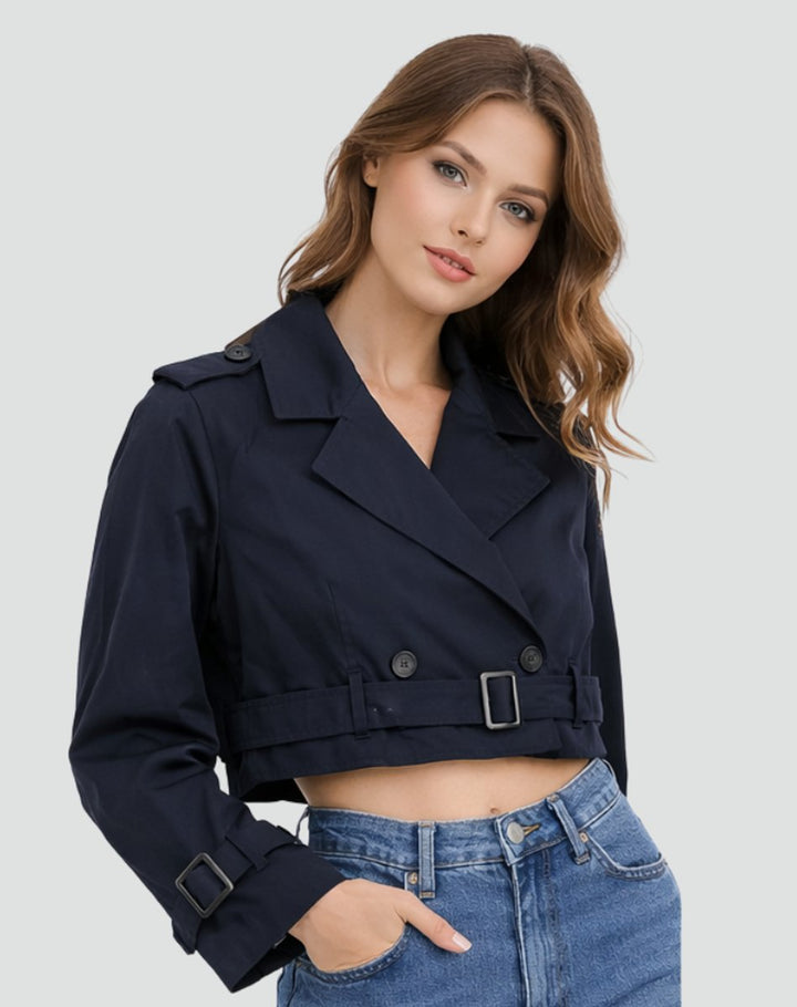 Women's Cropped Double-Breasted Belted Trench Coat Jacket - Navy Blue