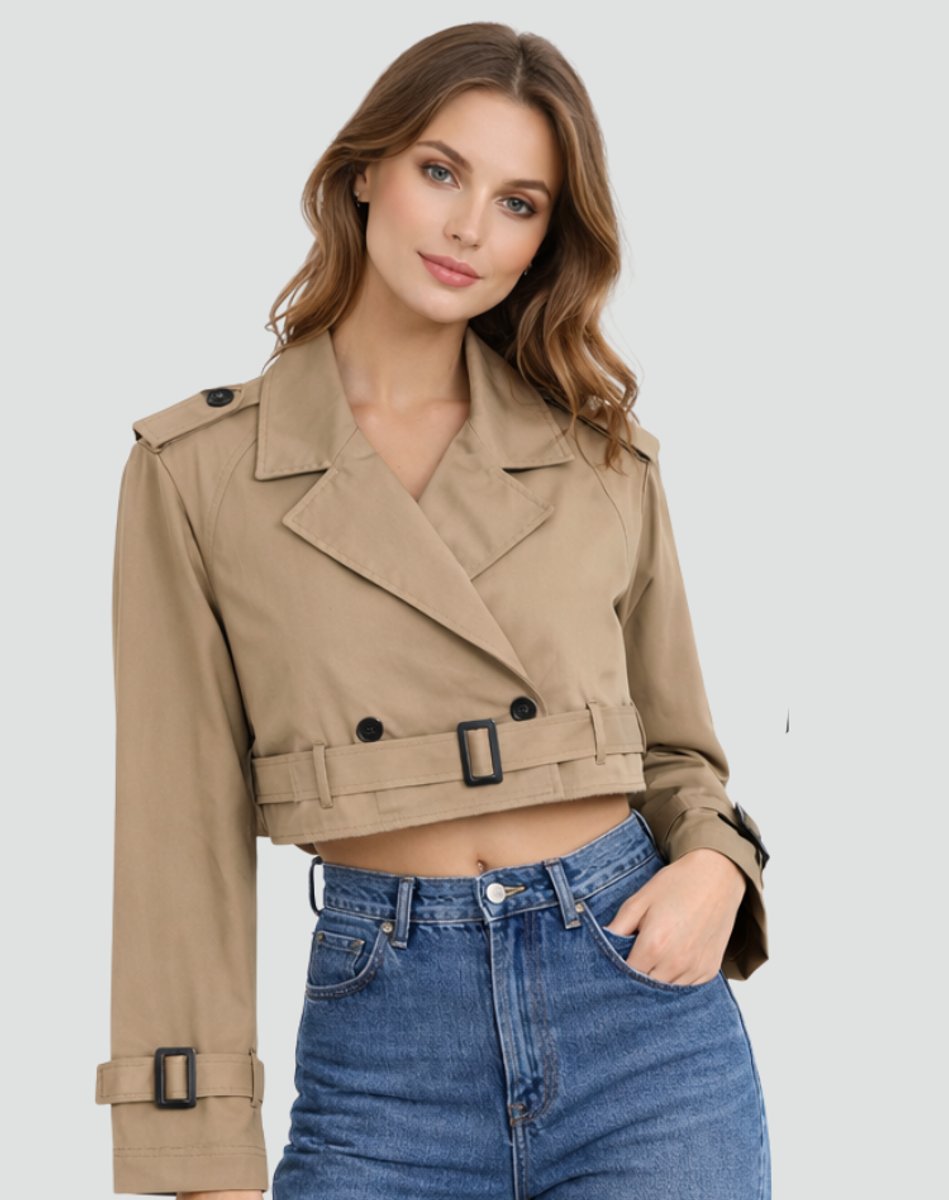 Women's Cropped Double-Breasted Belted Trench Coat Jacket