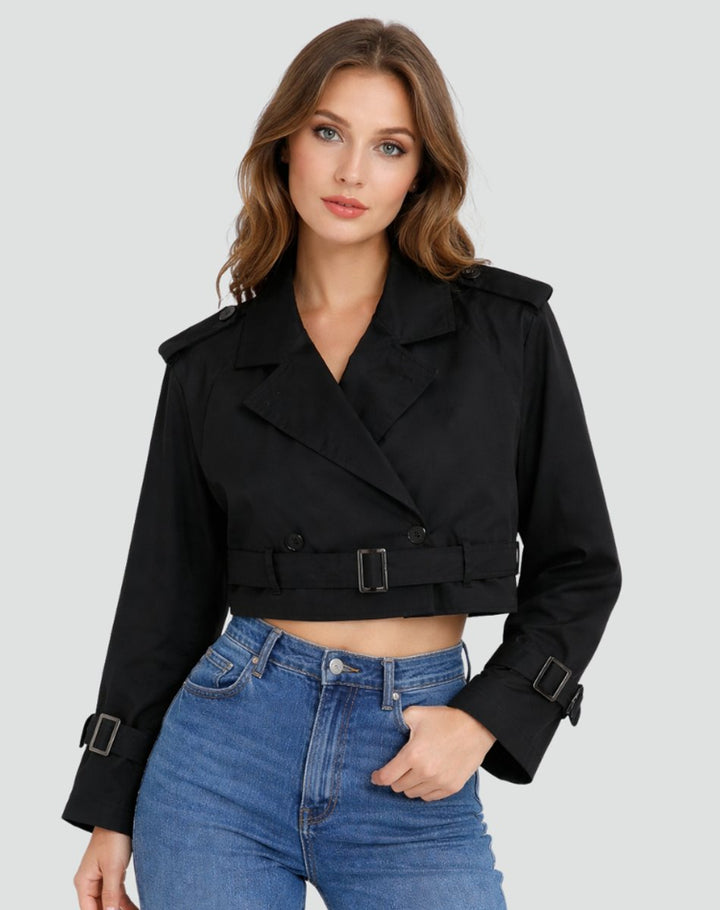 Women's Cropped Double-Breasted Belted Trench Coat Jacket
