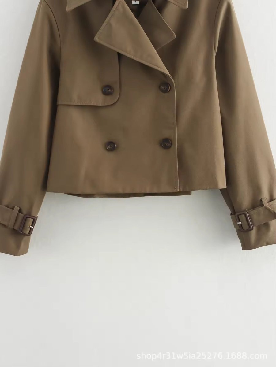 Women's Cropped Double-Breasted Buckle-Cuff Trench Coat