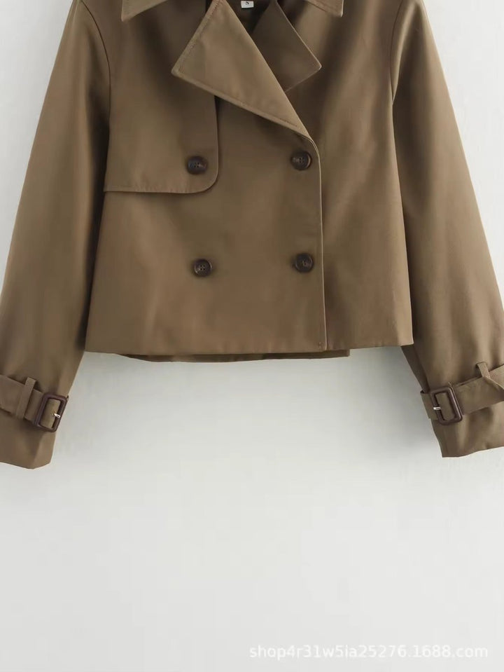 Women's Cropped Double-Breasted Buckle-Cuff Trench Coat