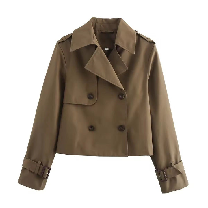 Women's Cropped Double-Breasted Buckle-Cuff Trench Coat - Brown