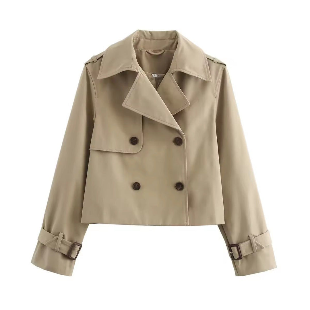 Women's Cropped Double-Breasted Buckle-Cuff Trench Coat - Beige
