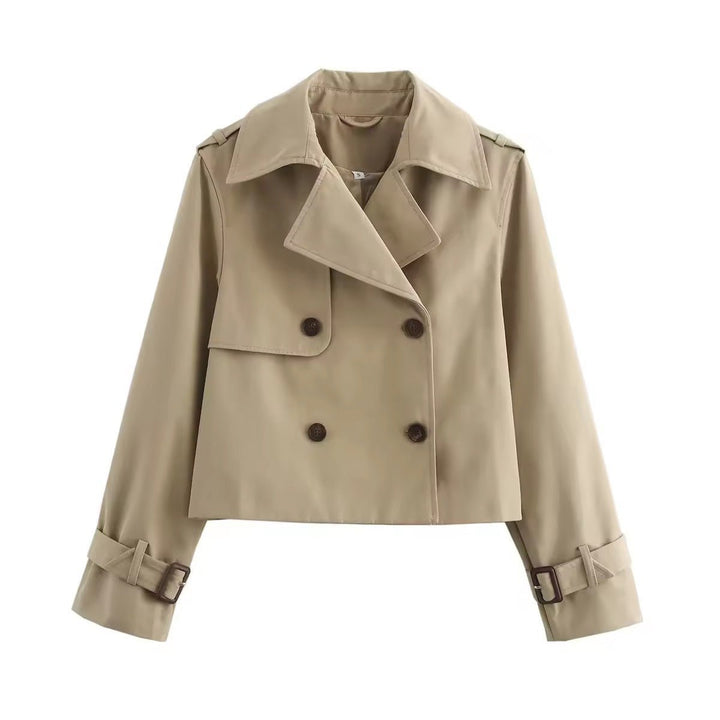 Women's Cropped Double-Breasted Buckle-Cuff Trench Coat - Beige