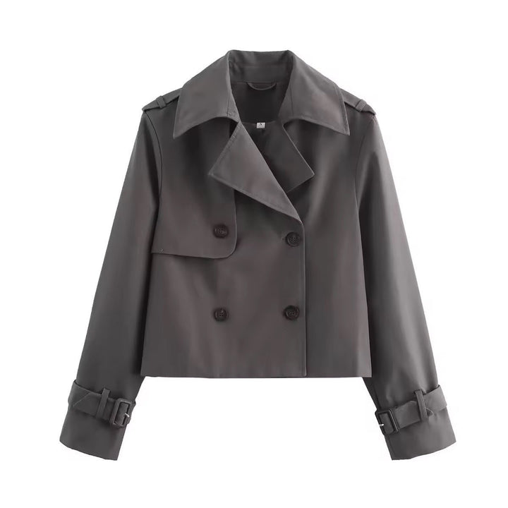 Women's Cropped Double-Breasted Buckle-Cuff Trench Coat - Grey