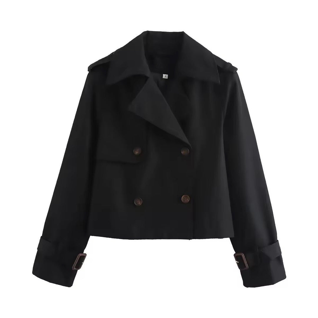 Women's Cropped Double-Breasted Buckle-Cuff Trench Coat - Black