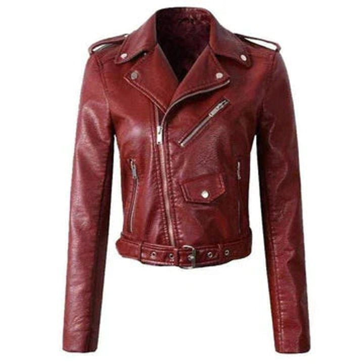 Women's Cropped Faux Leather Jacket Belted Asymmetric-Zip Moto Biker - Red