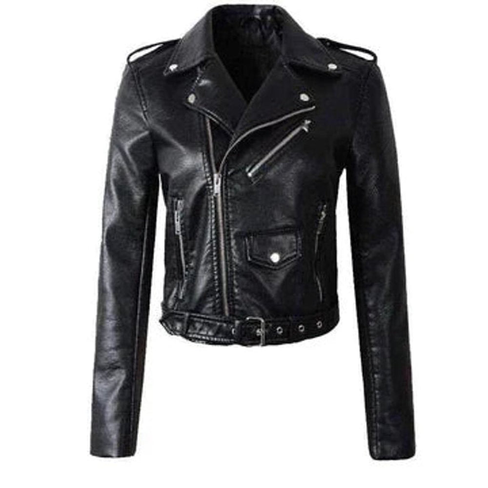 Women's Cropped Faux Leather Jacket Belted Asymmetric-Zip Moto Biker - Black