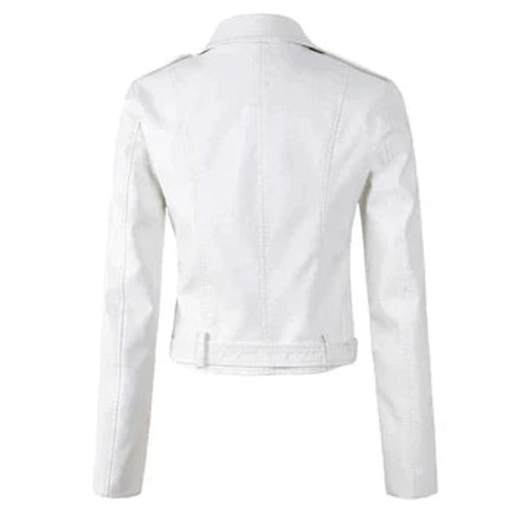 Women's Cropped Faux Leather Jacket Belted Asymmetric-Zip Moto Biker