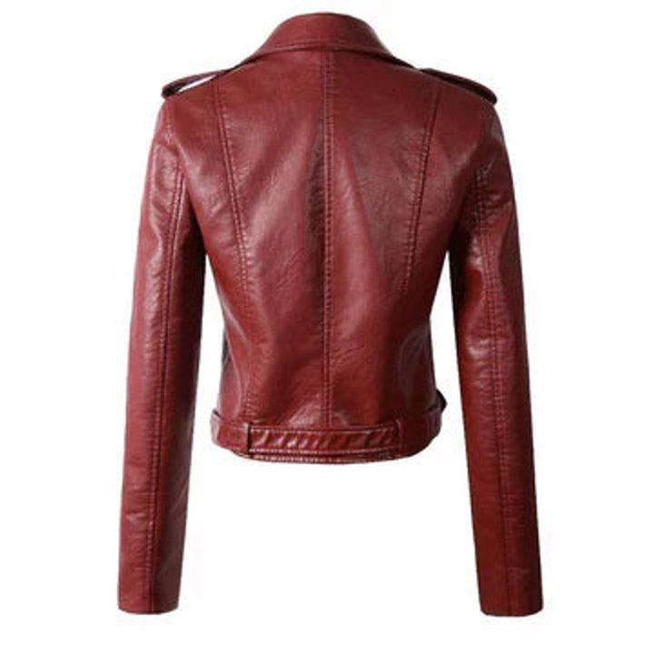Women's Cropped Faux Leather Jacket Belted Asymmetric-Zip Moto Biker