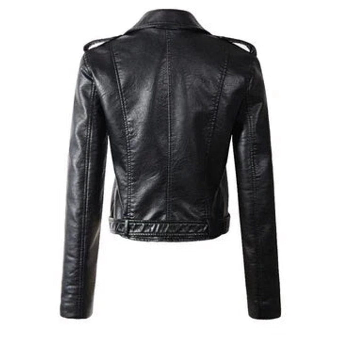 Women's Cropped Faux Leather Jacket Belted Asymmetric-Zip Moto Biker