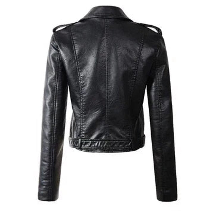 Women's Cropped Faux Leather Jacket Belted Asymmetric-Zip Moto Biker