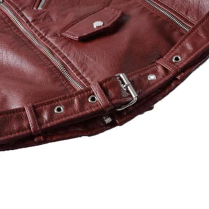 Women's Cropped Faux Leather Jacket Belted Asymmetric-Zip Moto Biker