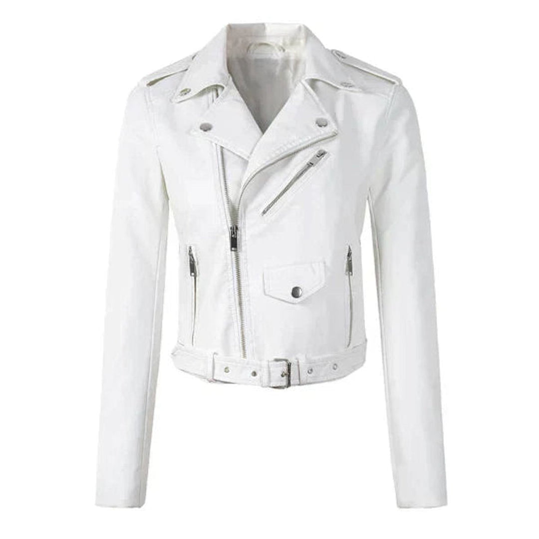 Women's Cropped Faux Leather Jacket Belted Asymmetric-Zip Moto Biker - White