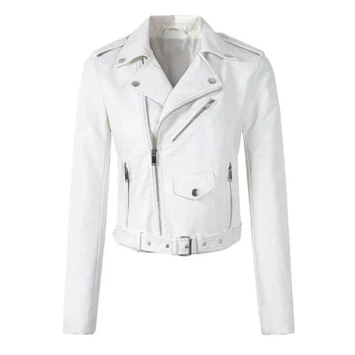 Women's Cropped Faux Leather Jacket Belted Asymmetric-Zip Moto Biker - White