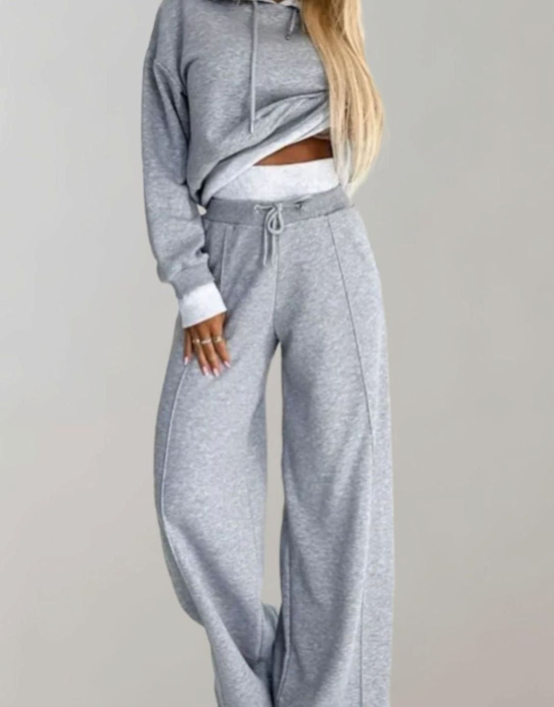 Women's Cropped Hoodie Wide-Leg Drawstring Tracksuit Set - Gray