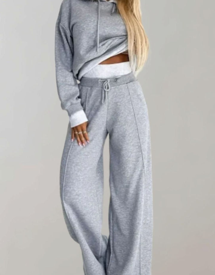 Women's Cropped Hoodie Wide-Leg Drawstring Tracksuit Set - Gray
