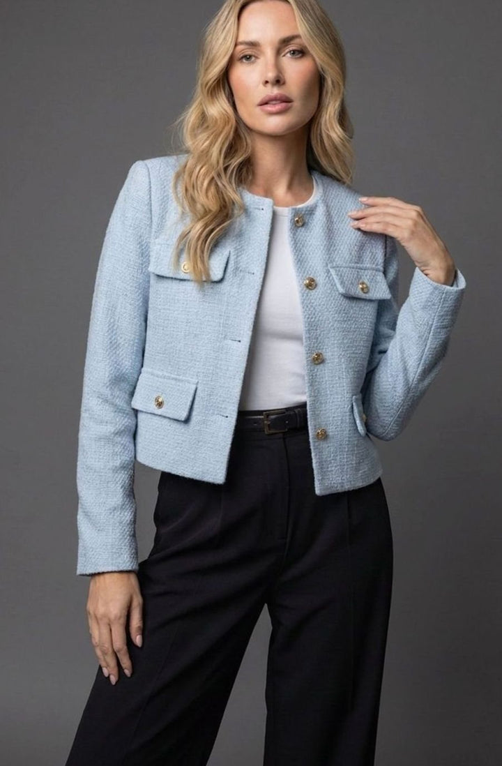 Women's Cropped Tweed Blazer Collarless Gold-Button Flap-Pocket Jacket - Light Blue