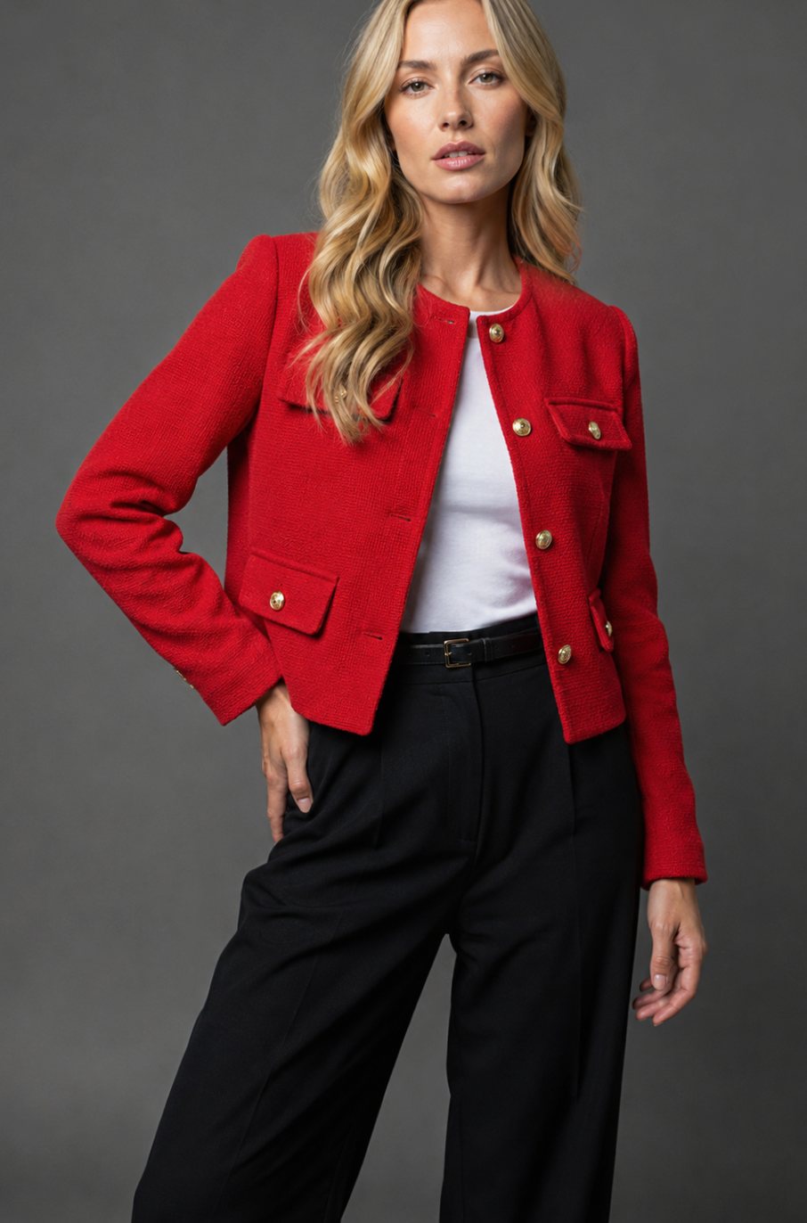 Women's Cropped Tweed Blazer Collarless Gold-Button Flap-Pocket Jacket - Red