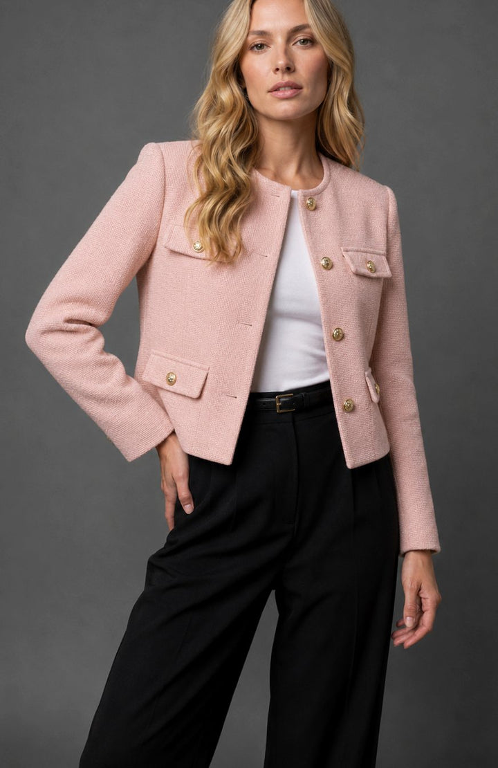 Women's Cropped Tweed Blazer Collarless Gold-Button Flap-Pocket Jacket - Light Pink