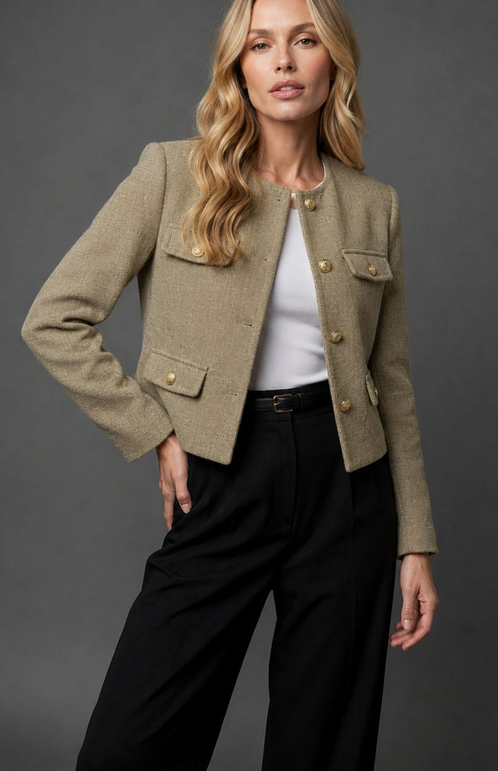 Women's Cropped Tweed Blazer Collarless Gold-Button Flap-Pocket Jacket - Olive