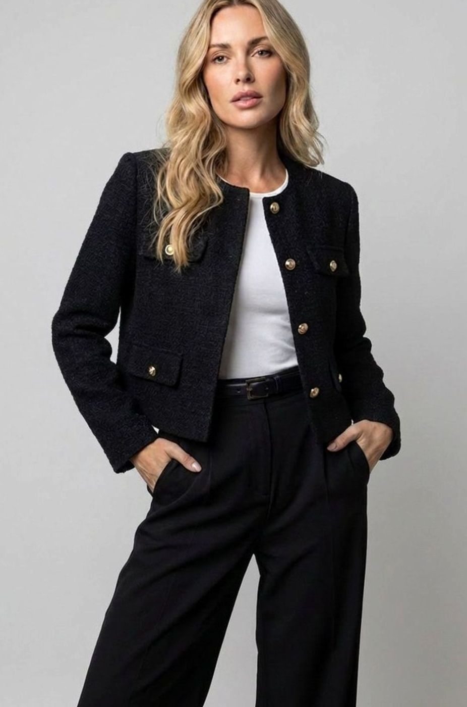 Women's Cropped Tweed Blazer Collarless Gold-Button Flap-Pocket Jacket - Black