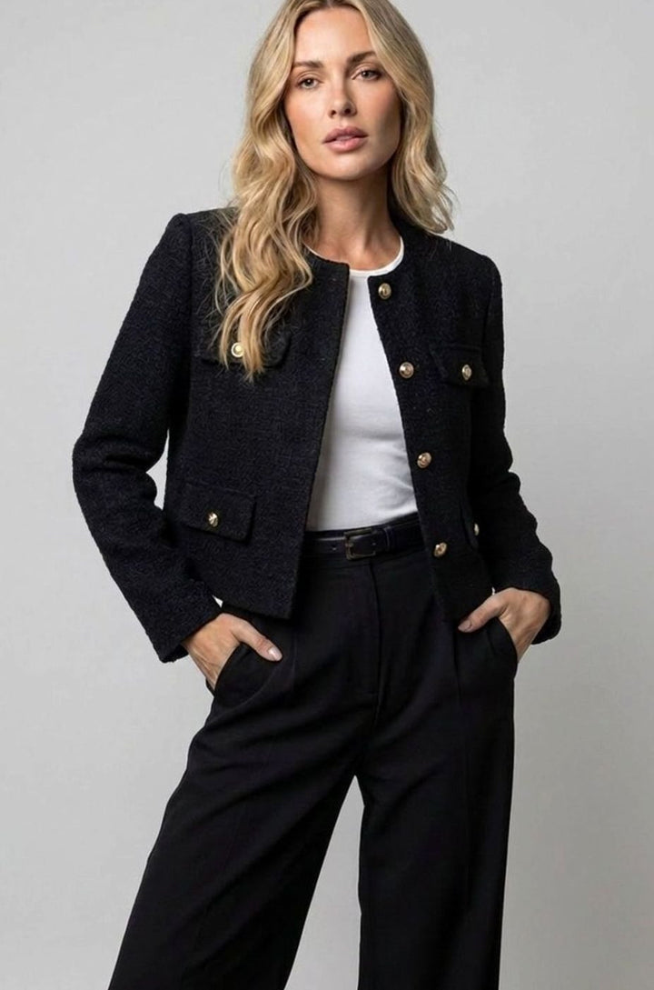 Women's Cropped Tweed Blazer Collarless Gold-Button Flap-Pocket Jacket - Black