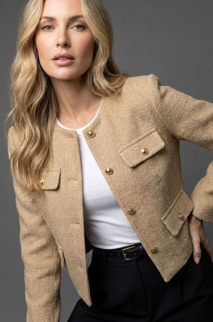 Women's Cropped Tweed Blazer Collarless Gold-Button Flap-Pocket Jacket - Khaki