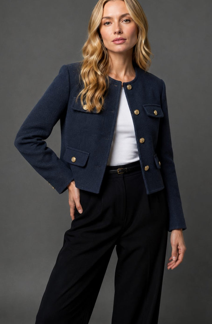 Women's Cropped Tweed Blazer Collarless Gold-Button Flap-Pocket Jacket - Navy Blue