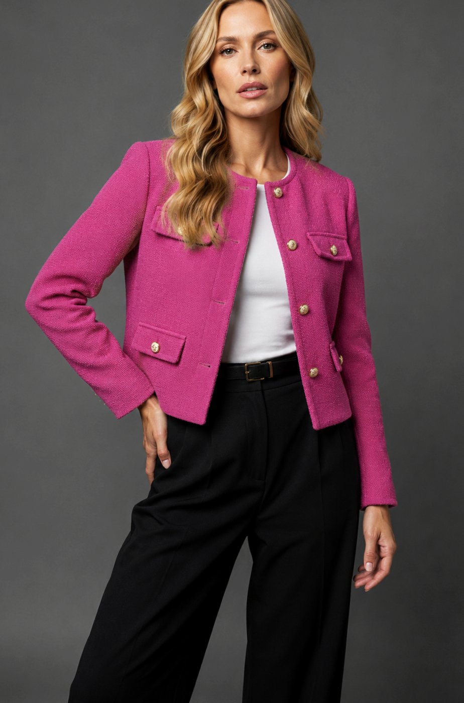 Women's Cropped Tweed Blazer Collarless Gold-Button Flap-Pocket Jacket - Pink