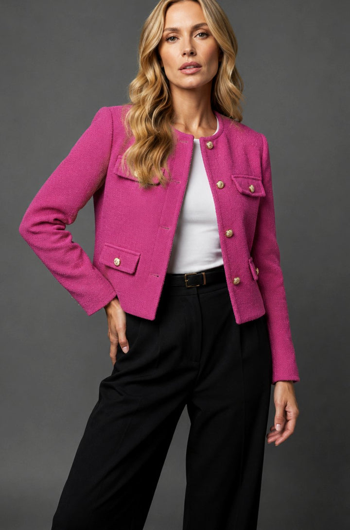 Women's Cropped Tweed Blazer Collarless Gold-Button Flap-Pocket Jacket - Pink
