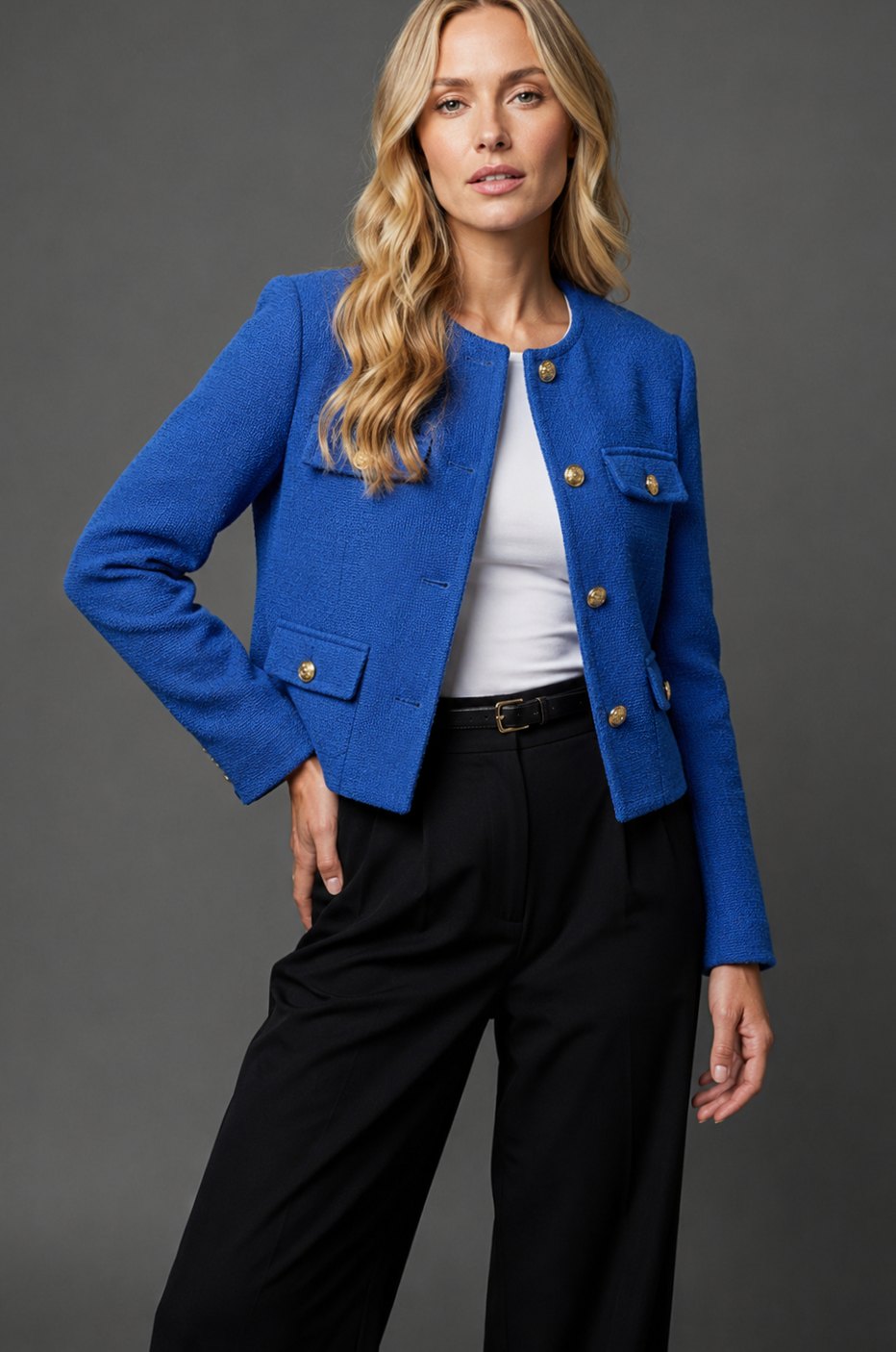 Women's Cropped Tweed Blazer Collarless Gold-Button Flap-Pocket Jacket - Blue