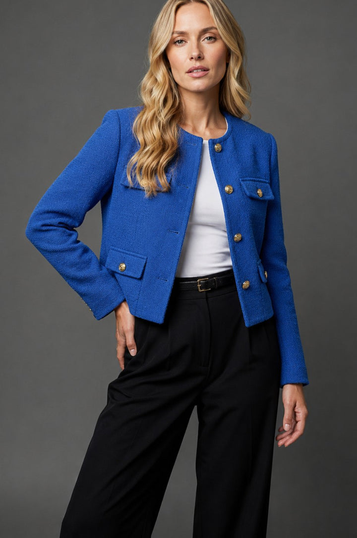 Women's Cropped Tweed Blazer Collarless Gold-Button Flap-Pocket Jacket - Blue