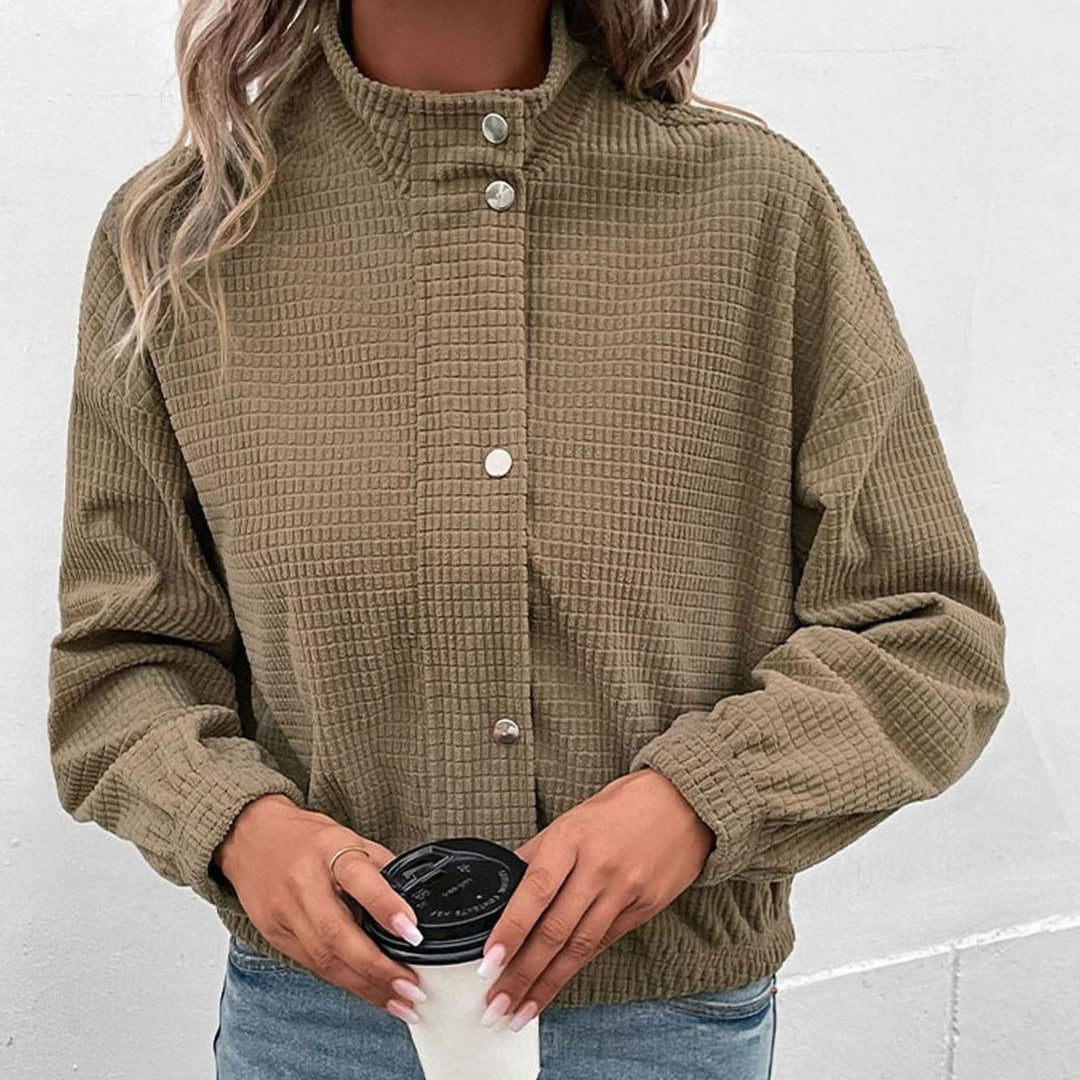 Women's Cropped Waffle-Knit Mock-Neck Snap-Button Jacket