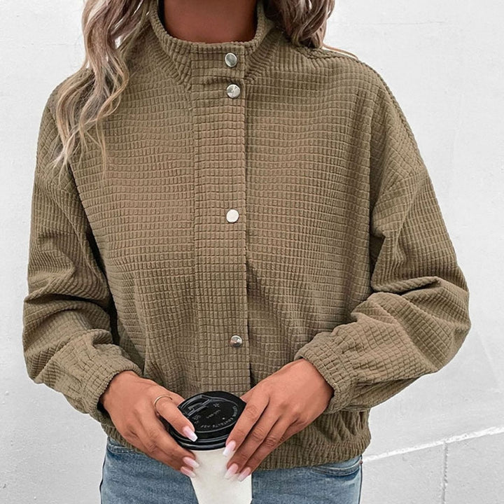 Women's Cropped Waffle-Knit Mock-Neck Snap-Button Jacket