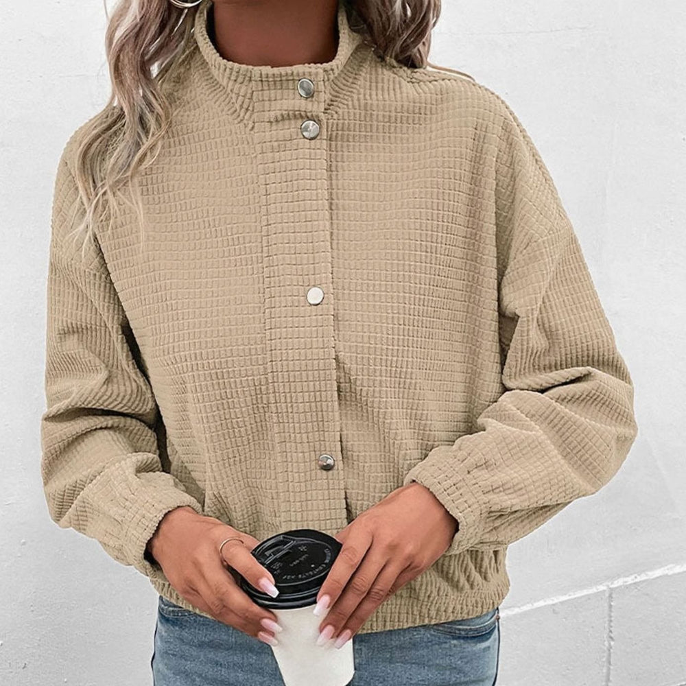 Women's Cropped Waffle-Knit Mock-Neck Snap-Button Jacket