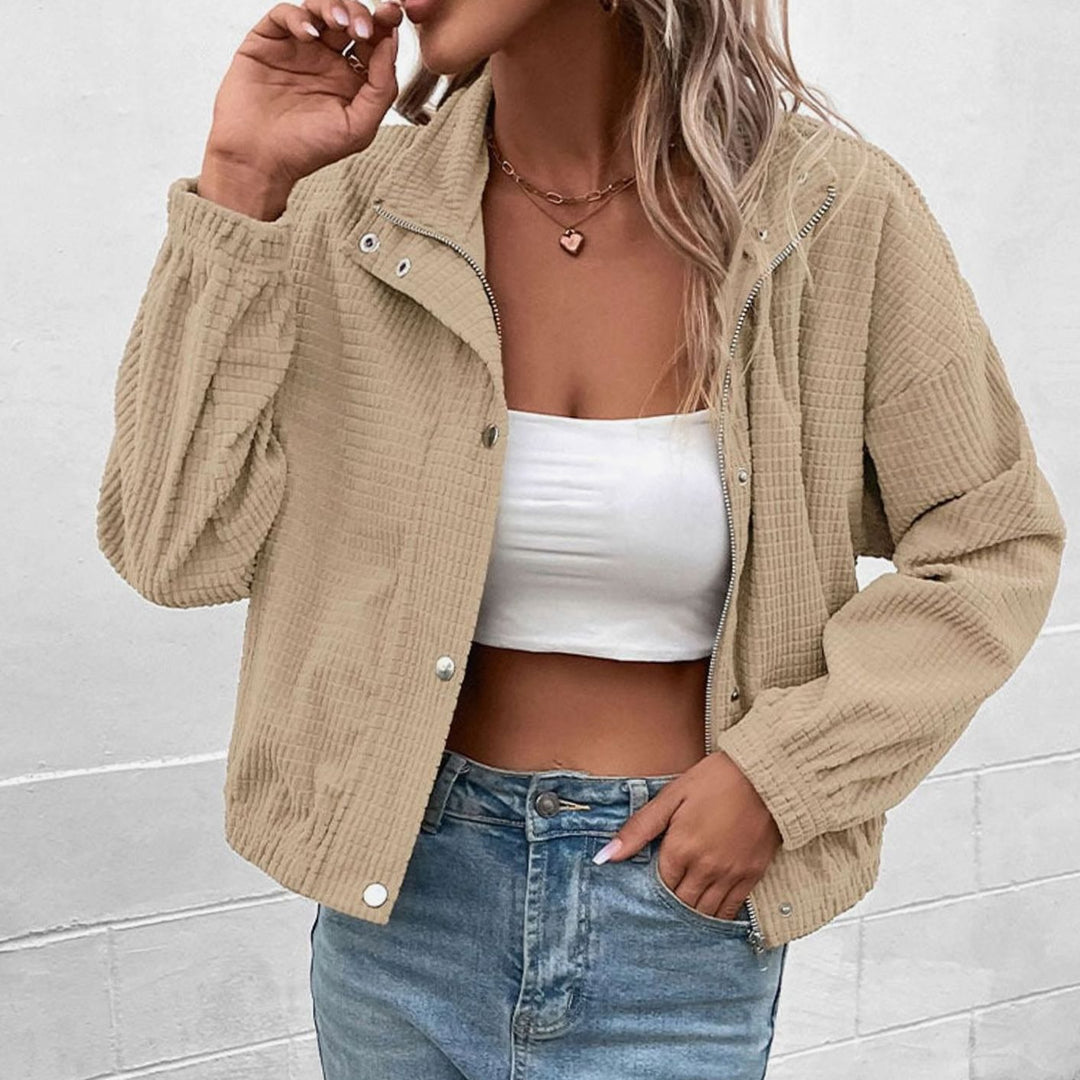 Women's Cropped Waffle-Knit Mock-Neck Snap-Button Jacket