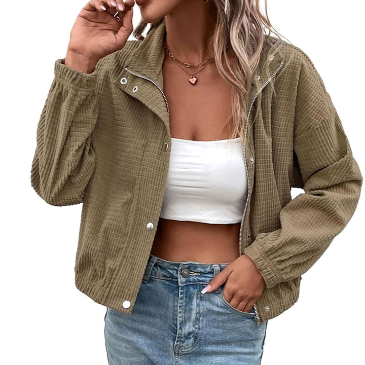 Women's Cropped Waffle-Knit Mock-Neck Snap-Button Jacket